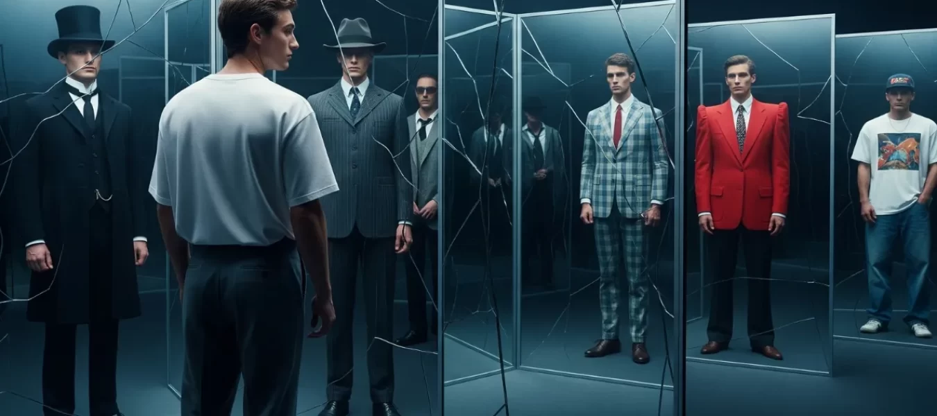 The Evolution of 1900s Mens Fashion_ What Makes 1900s Mens Fashion Still Relevant Today Man observing mirrored reflections of evolving men’s fashion from Edwardian suits to modern casualwear, representing 1900s influence