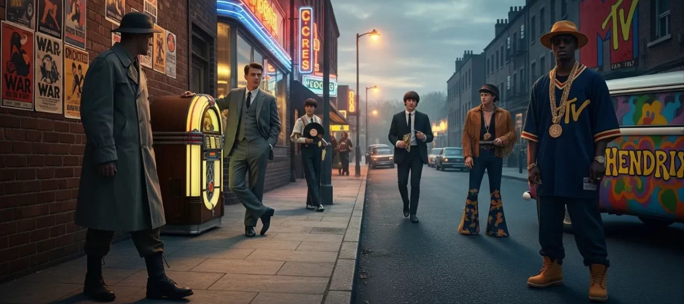 Why the 1900s Marked the Birth of Modern Men’s Style A historical progression of men’s fashion from early 1900s formality to late-century casual styles shown on a city street