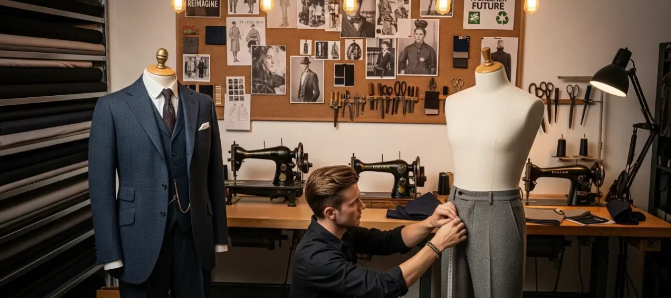 The Evolution of 1900s Mens Fashion_Style as Legacy: Why Nostalgic Menswear Keeps Coming Back Tailor adjusting pants on a dress form in a vintage-inspired workspace surrounded by classic menswear, sewing machines, and fashion sketches