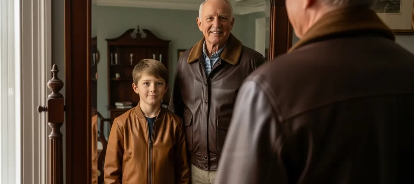 The Evolution of 1900s Mens Fashion_ How This Timeline Reflects Generational Identity and Lifestyle Three generations of men wearing leather jackets, symbolizing the continuity of fashion across decades and generational identity