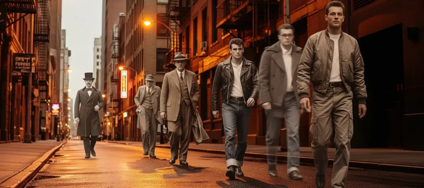 Lasting Legacy: Menswear Styles Still Inspiring Designers Today Men styled in iconic outfits from different decades walking through a city street, symbolizing the lasting influence of vintage menswear