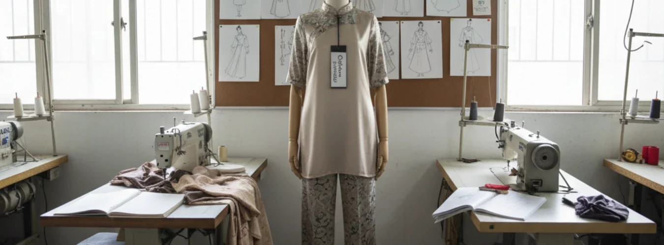 Garment production room with sewing machines and mannequin wearing sample dress beside fashion sketches, presenting RYZEAL as 孟加拉国服装制造商为中国.