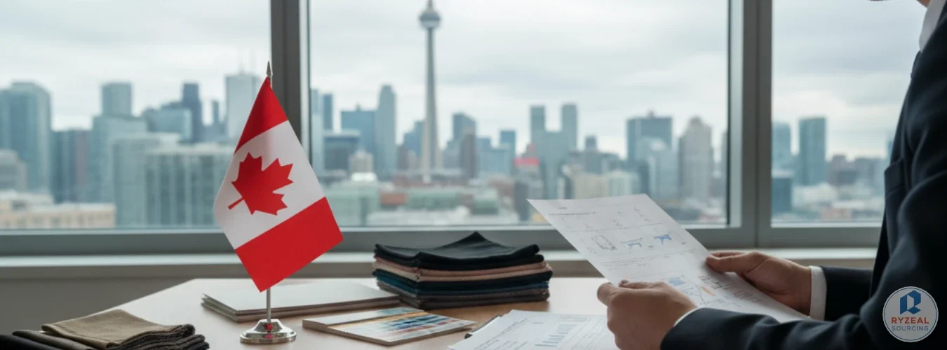 Bureau avec le drapeau du Canada et documents commerciaux devant la tour CN à Toronto, représentant RYZEAL comme Fabricant de Vêtements au Bangladesh pour le Canada.