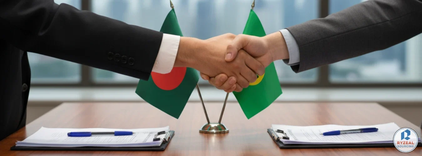 Aperto de mãos entre empresários com bandeiras de Bangladesh e Brasil ao fundo, simbolizando a RYZEAL como Fabricante de Roupas em Bangladesh para Brasil.