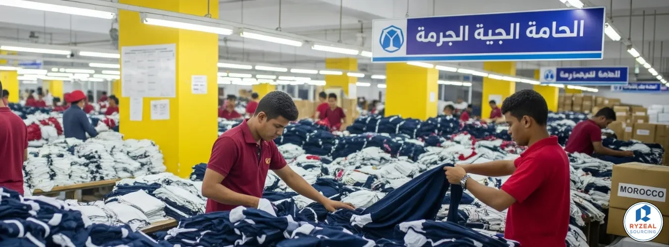 RYZEAL quality control team inspecting garments for wholesale clothing distributors and Moroccan buyers in the apparel supply chain
