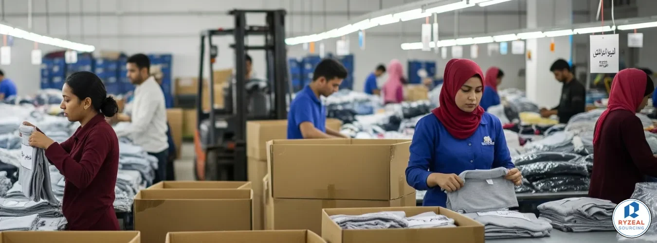 RYZEAL workers in Bangladesh preparing bulk garment shipments for Moroccan wholesale clothing distributors and companies importing from Bangladesh