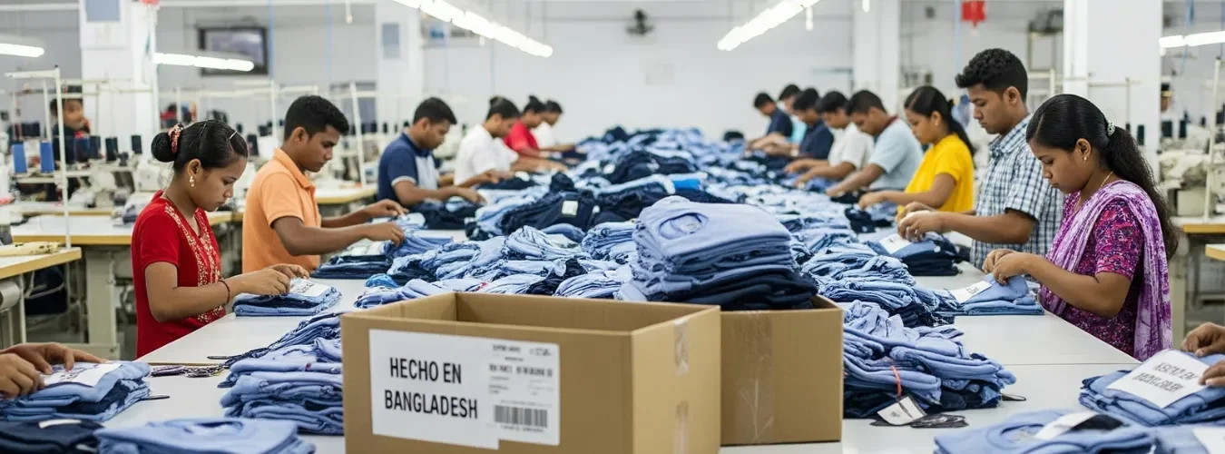 Garment workers in a factory sewing clothes, representing Bangladesh apparel production for integration with Peruvian clothing manufacturers.