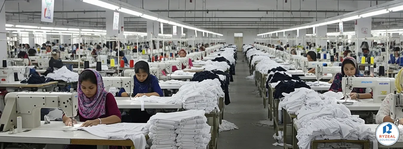 Wide view of a busy garment factory with workers sewing, representing collaboration between Russian wholesale clothing suppliers and Bangladeshi manufacturers.