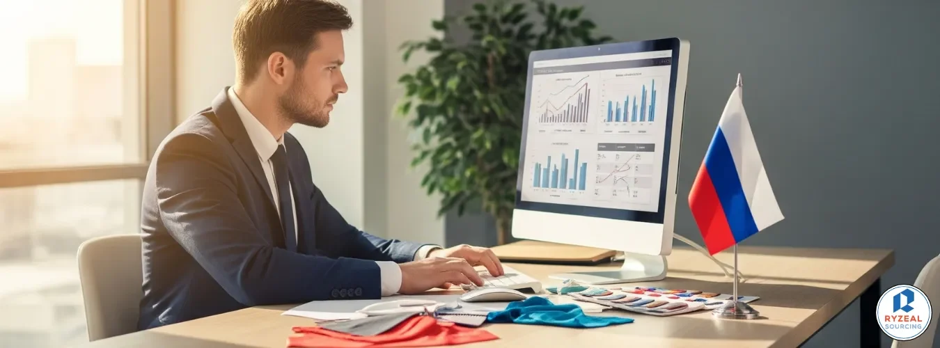 Businessman analyzing clothing supply chain data on a laptop with the Russian flag in the background, symbolizing overseas production decisions.