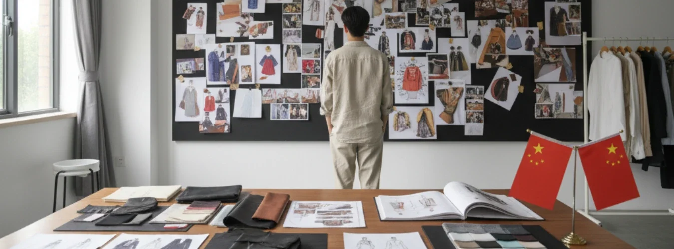 Designer reviewing fashion mood board in studio with Chinese flags and fabric swatches on the desk, showcasing RYZEAL as 孟加拉国服装制造商为中国.