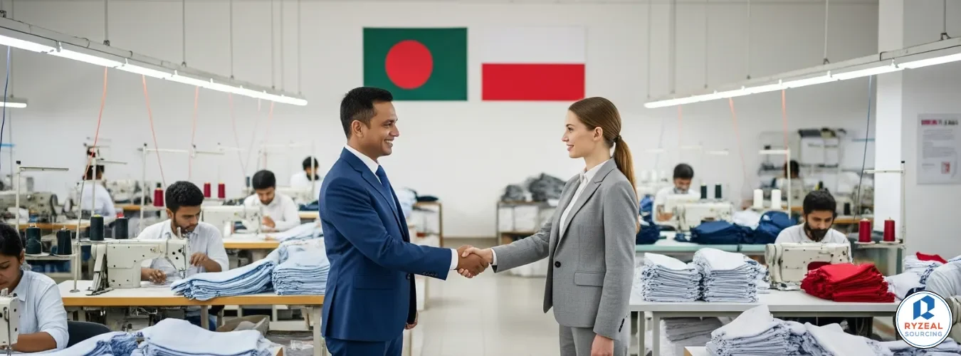 Business meeting between a Bangladeshi representative and a Polish buyer inside a garment factory with workers sewing in the background.