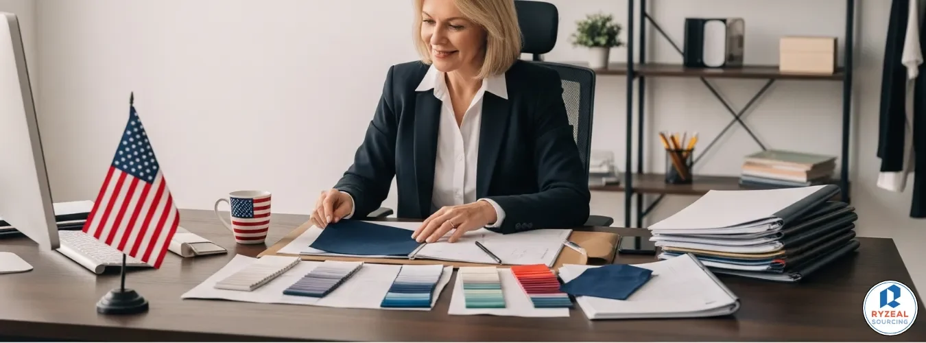 American fashion brand executive reviewing documents about overseas [garment manufacturers in usa] for better sourcing options.